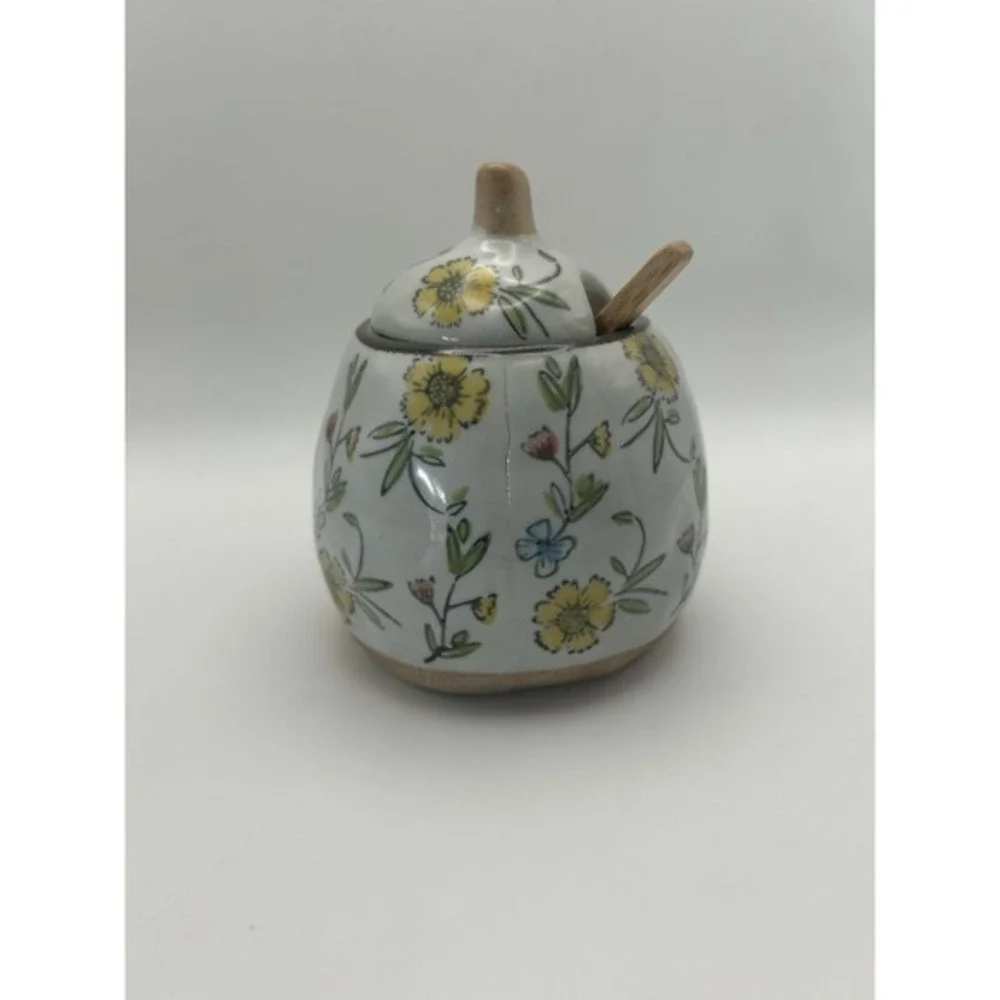 Creative Co-Op Hand Painted Spoon‎ & Lid Stoneware Sugar Pot Flower Design